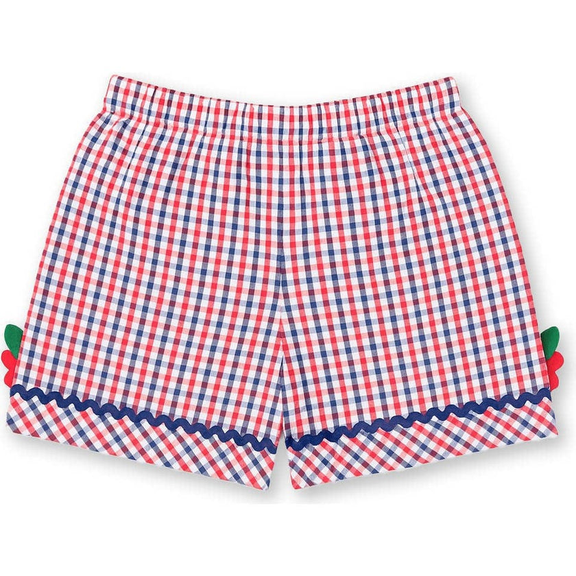 Plaid Seersucker Shorts With Ric Rac & Flowers