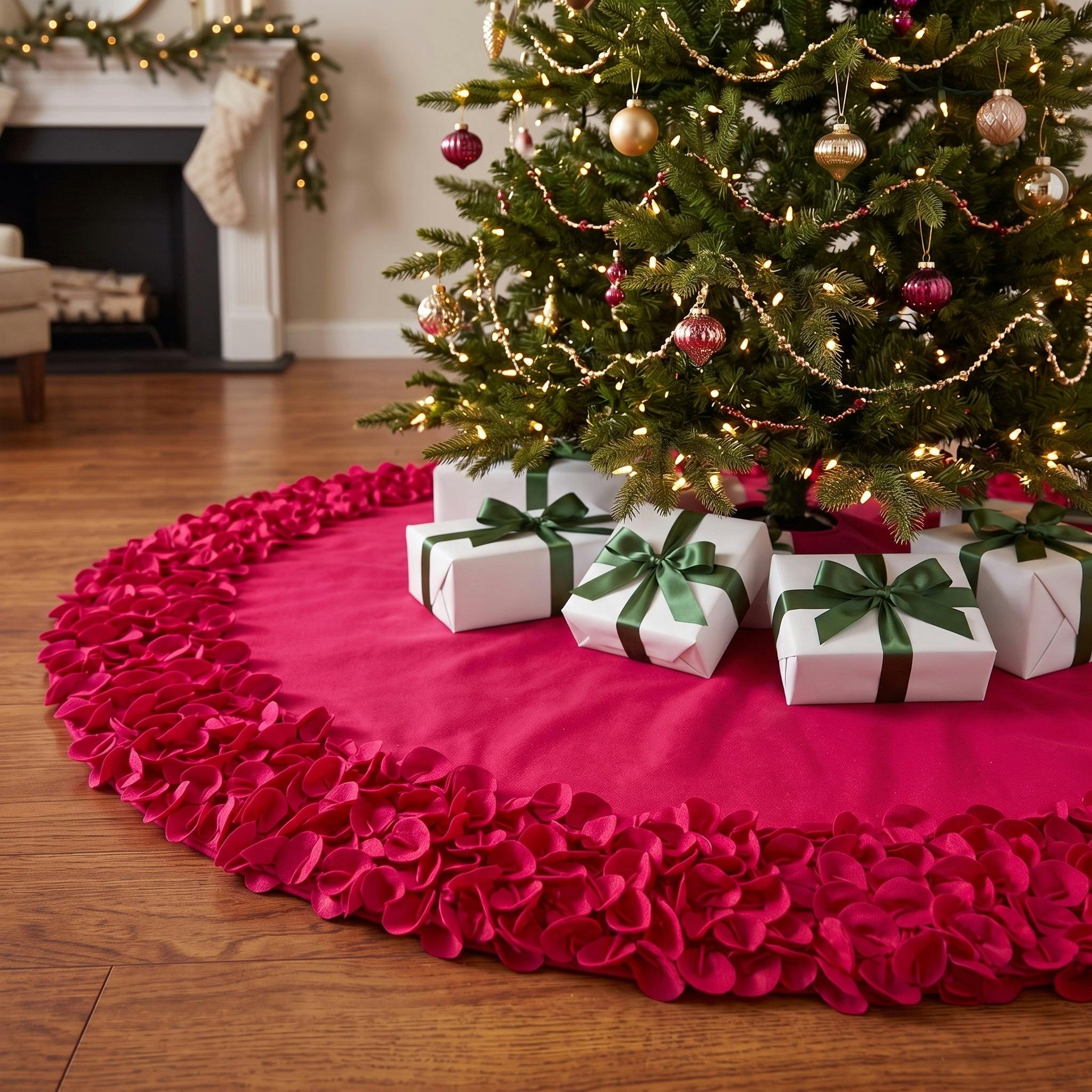 Red Calla Lily Flower Border Christmas Tree Skirt Wool - 60
