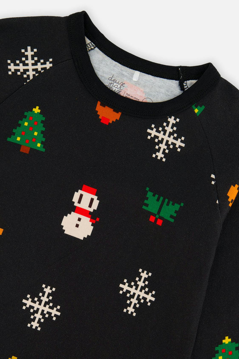 Organic Cotton Two Piece Pajama Set Black Christmas Pixel Print