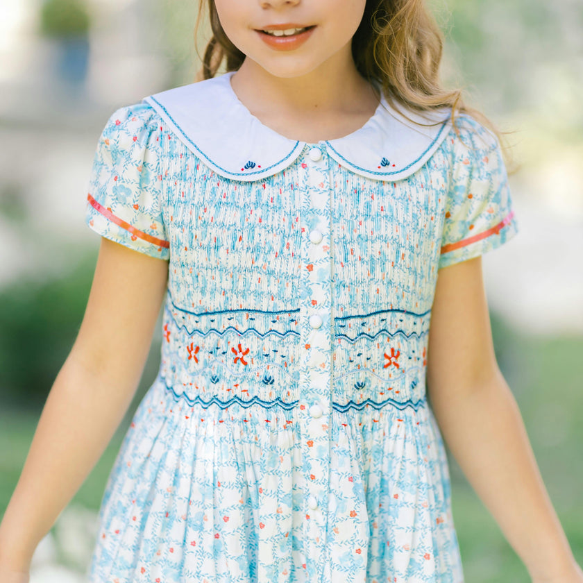 Riviera Blue Floral Short Sleeve Smocked Dress