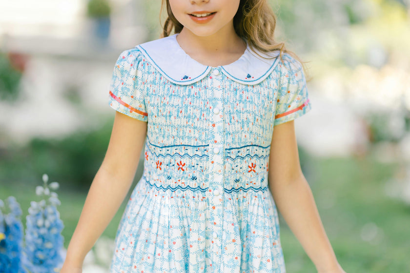 Riviera Blue Floral Short Sleeve Smocked Dress