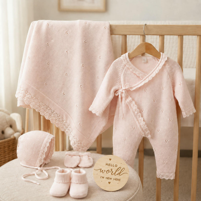 Baby Girl Organic Cotton Coming Home Outfit + Custom Wooden Name Sign Gift