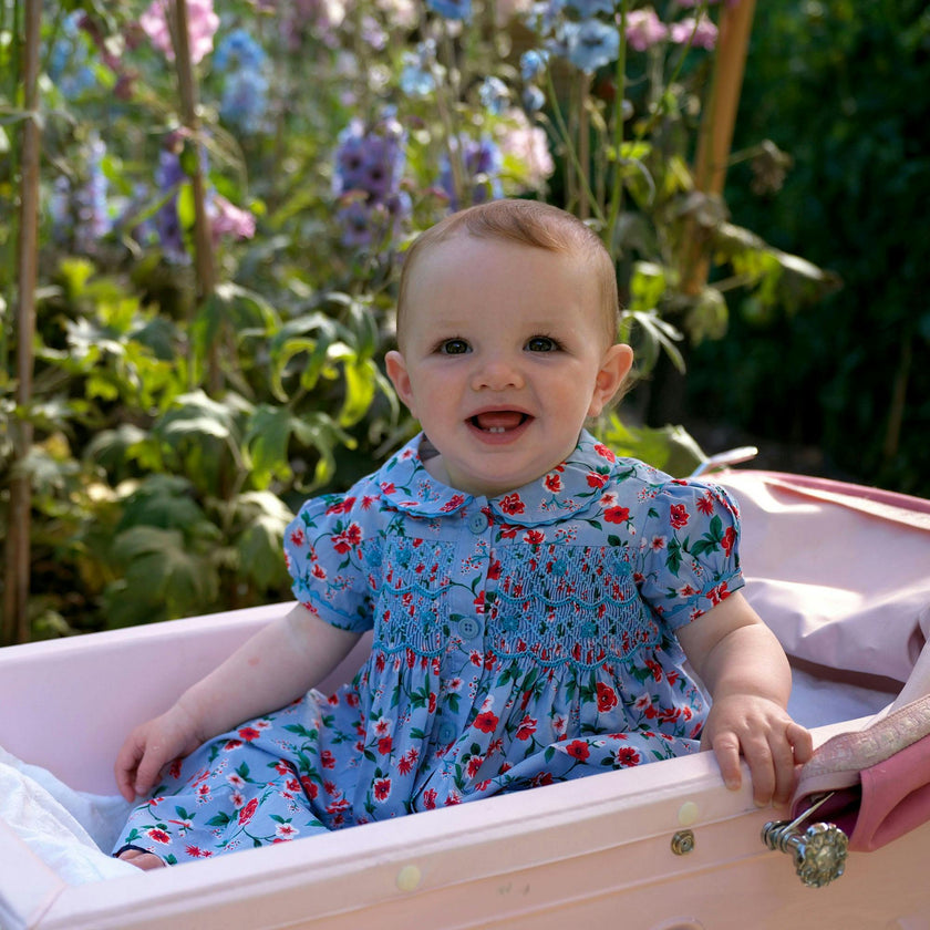Blue Smocked Button-Front Dress and Bloomers