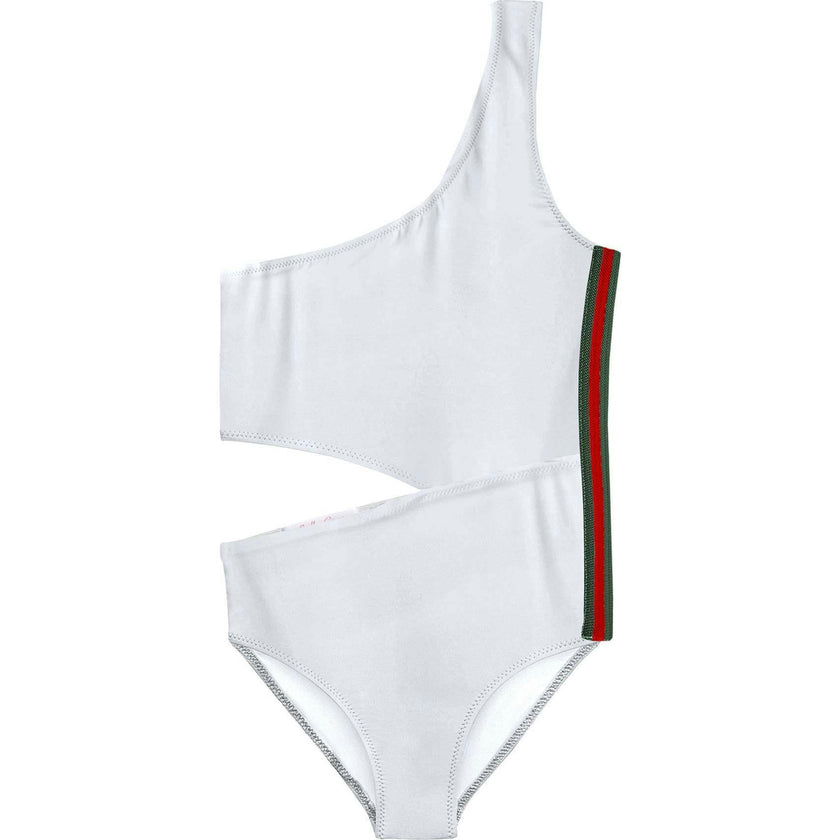 Side-Cut Side-Stripe One Shoulder Sleeveless Swimsuit