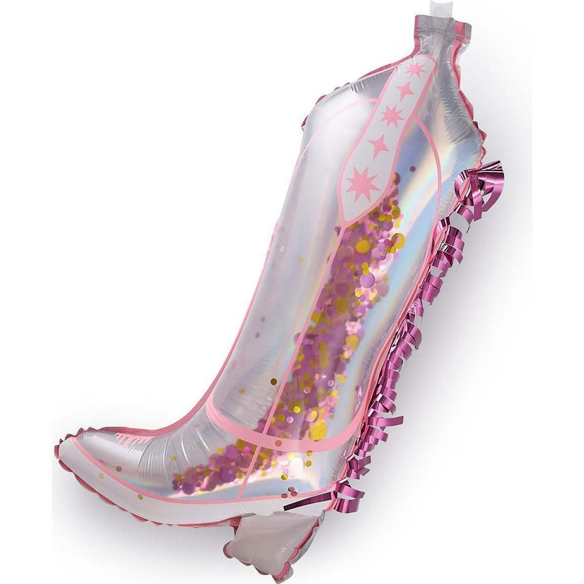 Packed Party Confetti and Fringe Cowboy Boot Mylar Balloons Set of 2 - 21-Inch Pink Boot-Shaped Balloons with Confetti Fill and Shiny Fringe Detailing