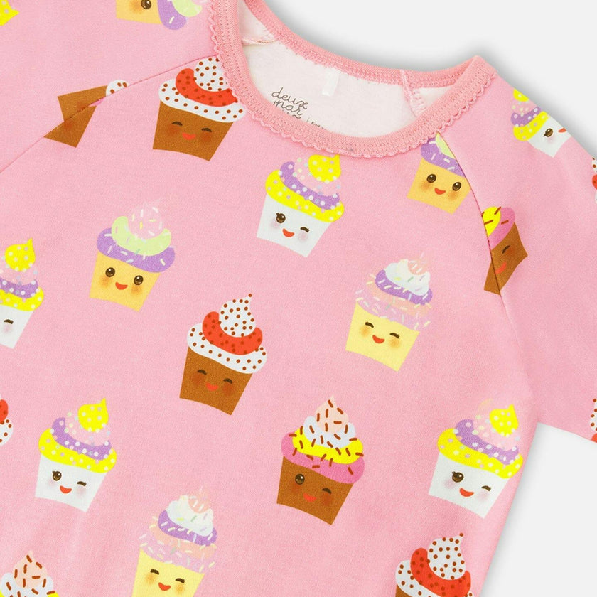 Organic Cotton Two-Piece Pajamas Set Pink Cupcake Print