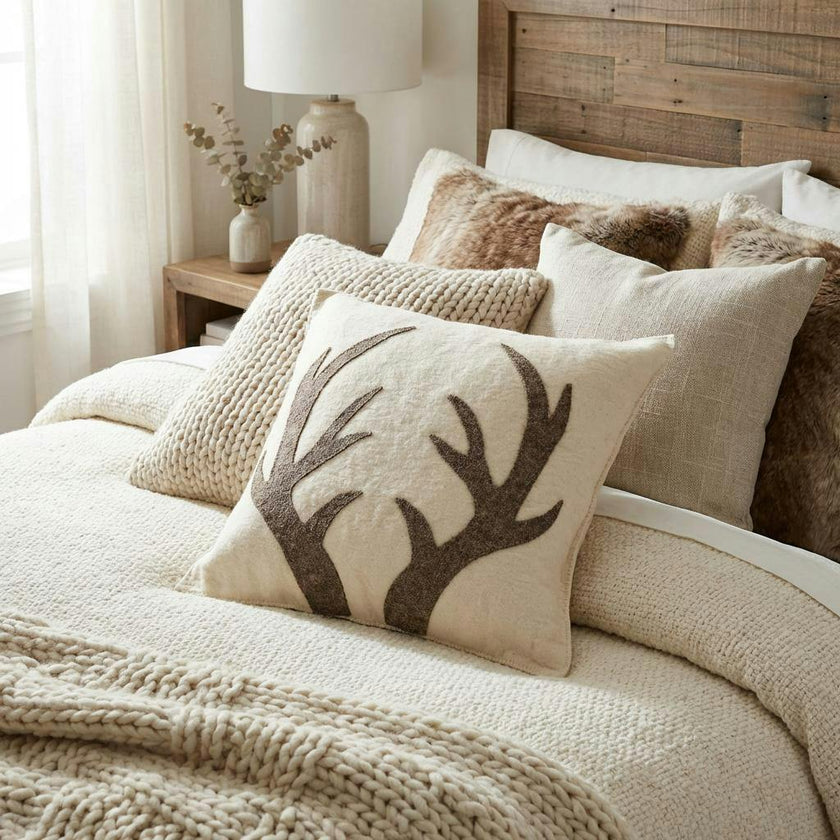 Hand Felted Wool Pillow - Gray Antlers Cream - 20"