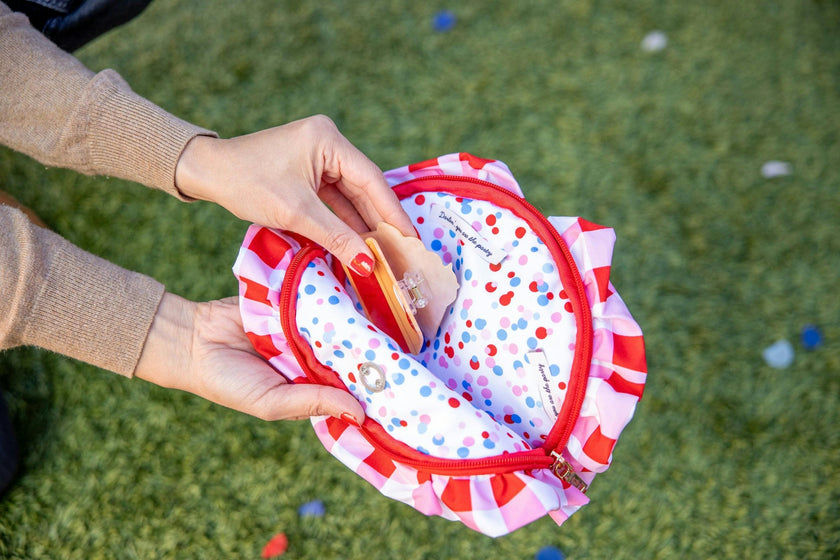 Packed Party Picnic-Core Red and White Gingham Ruffled Clutch - 8.25x5.25 Inch Check Print Pouch with Ruffle Trim and Poly Lining for Parties and Gifting