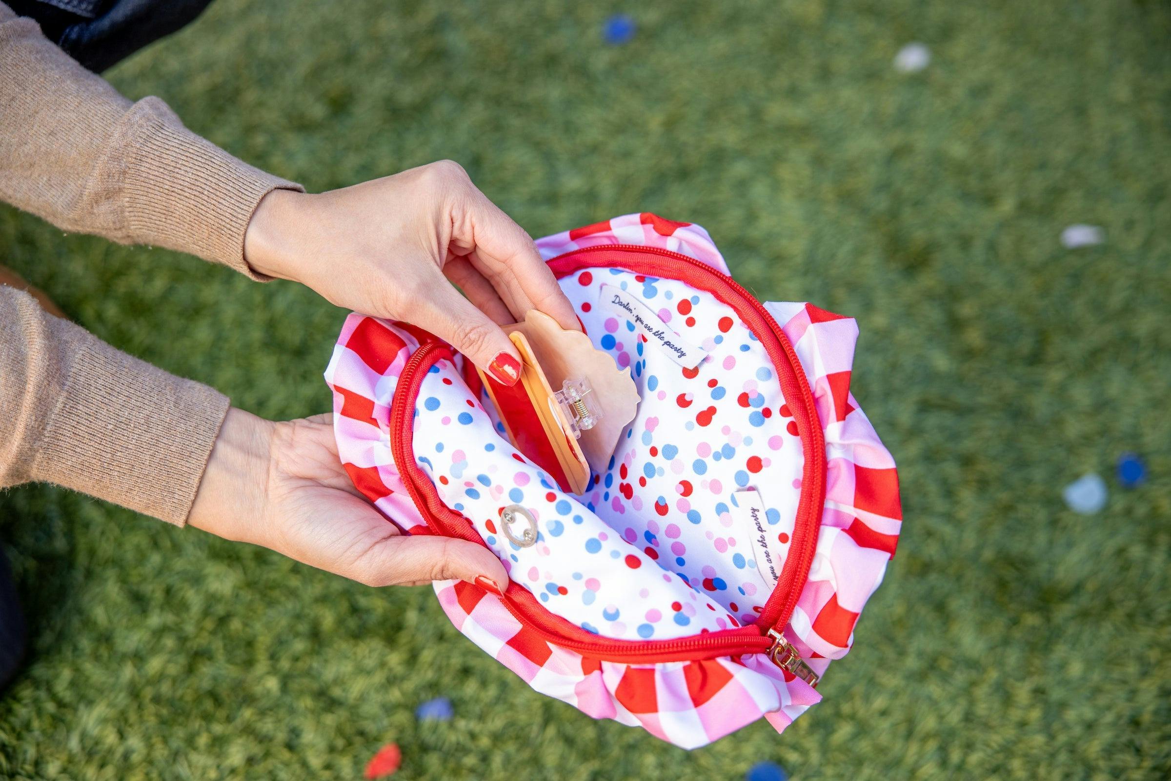 Packed Party Picnic-Core Red and White Gingham Ruffled Clutch - 8.25x5.25 Inch Check Print Pouch with Ruffle Trim and Poly Lining for Parties and Gifting