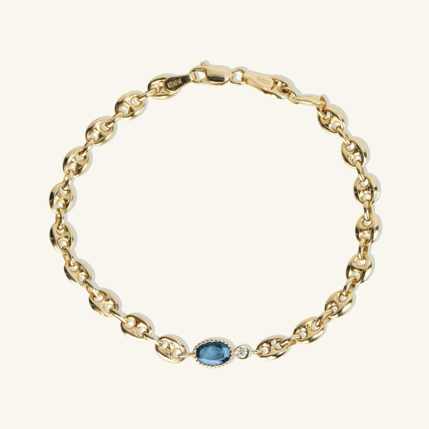 One of a Kind Puffed Mariner Station Bracelet with Oval Ceylon Blue Sapphire