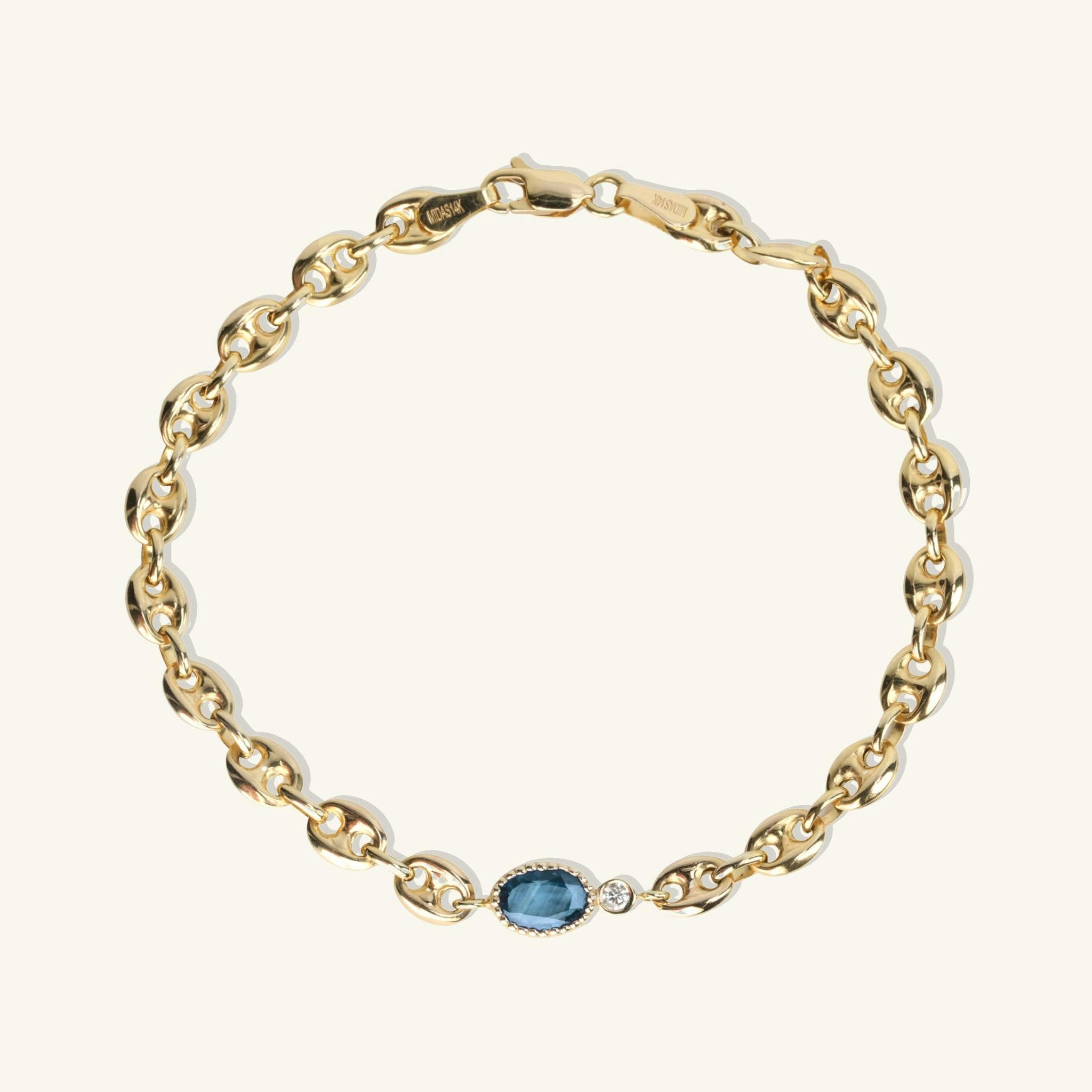 One of a Kind Puffed Mariner Station Bracelet with Oval Ceylon Blue Sapphire