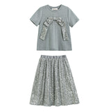 Silver Sequin Bow T-shirt & Skirt Set