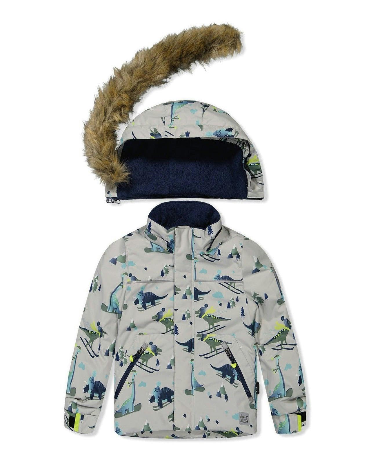 Two Piece Discover Snowsuit Grey Skiing Dinosaur Print