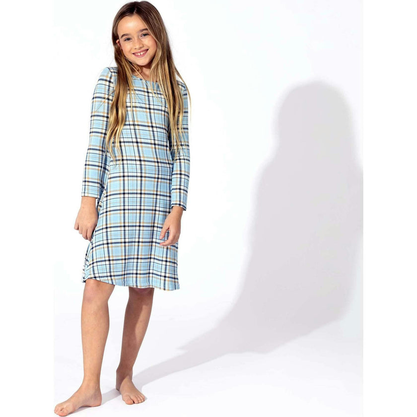 Holiday Plaid Blue Bamboo Girls' Long Sleeve Dress
