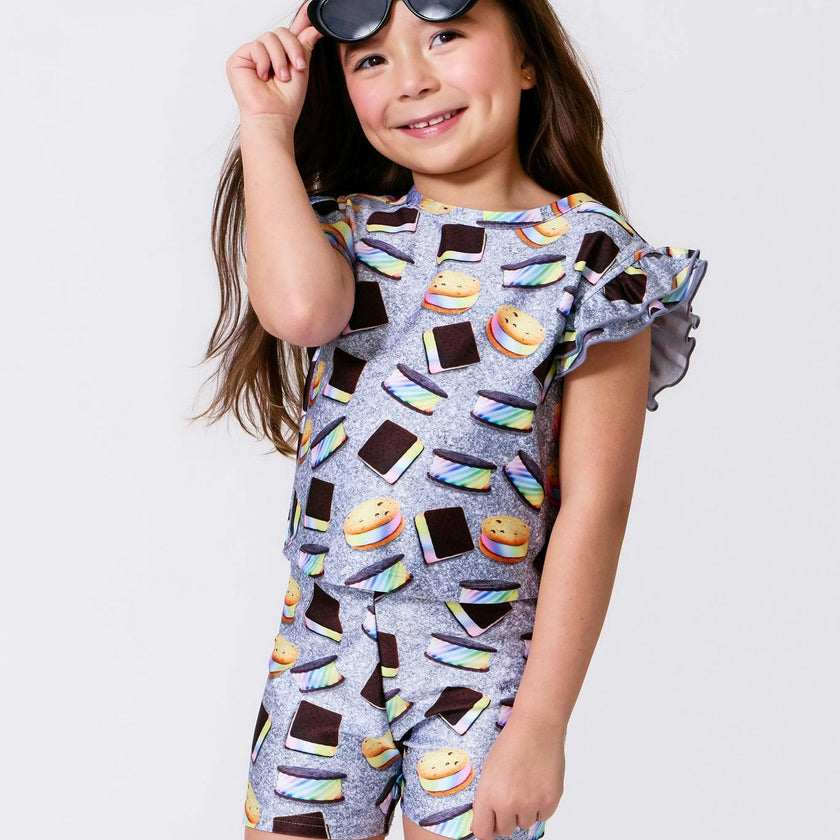 Girls Hi-Shine Ruffle Crop Top in Rainbow Ice Cream Saucers