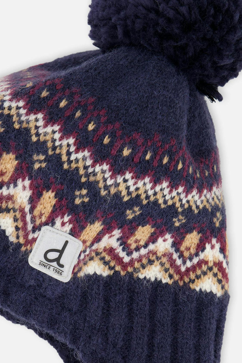 Baby Winter Peruvian Knit Hat with Pompom Blue and Red Jacquard