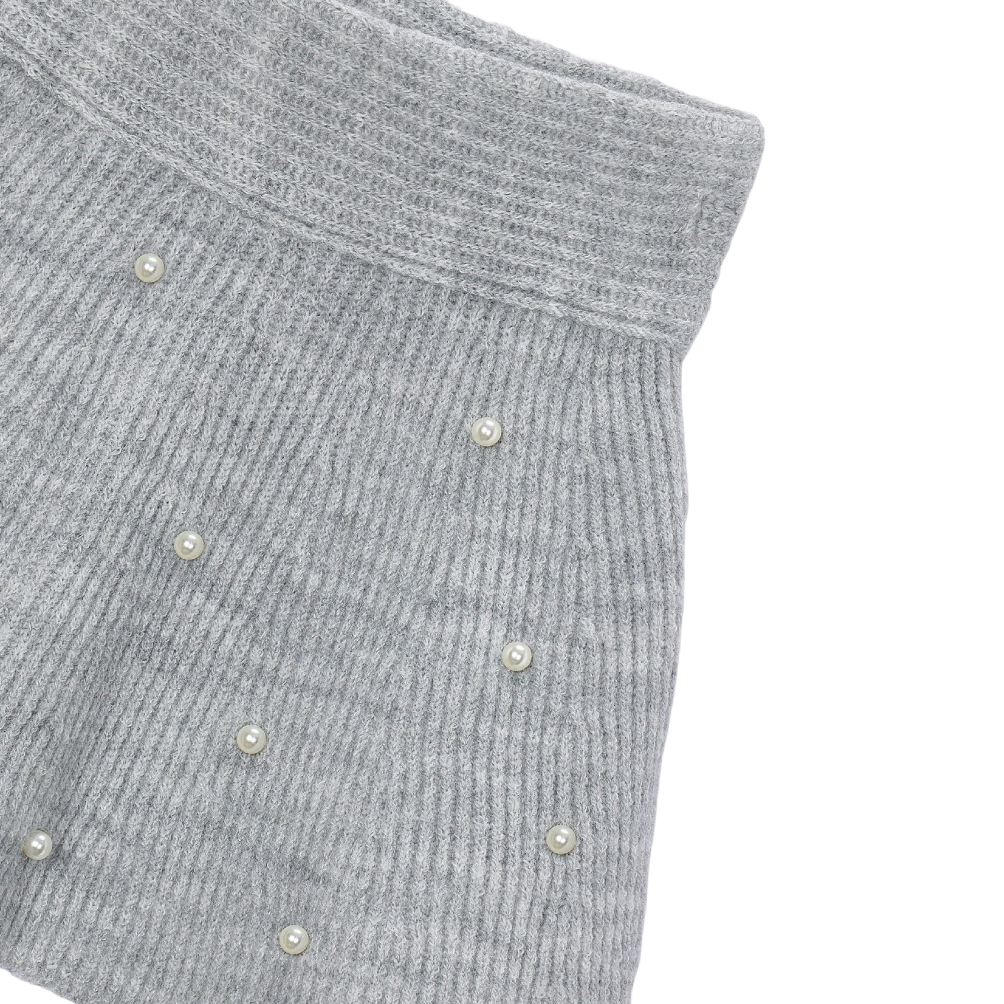 Grey Pearl Embellished Knit Skirt