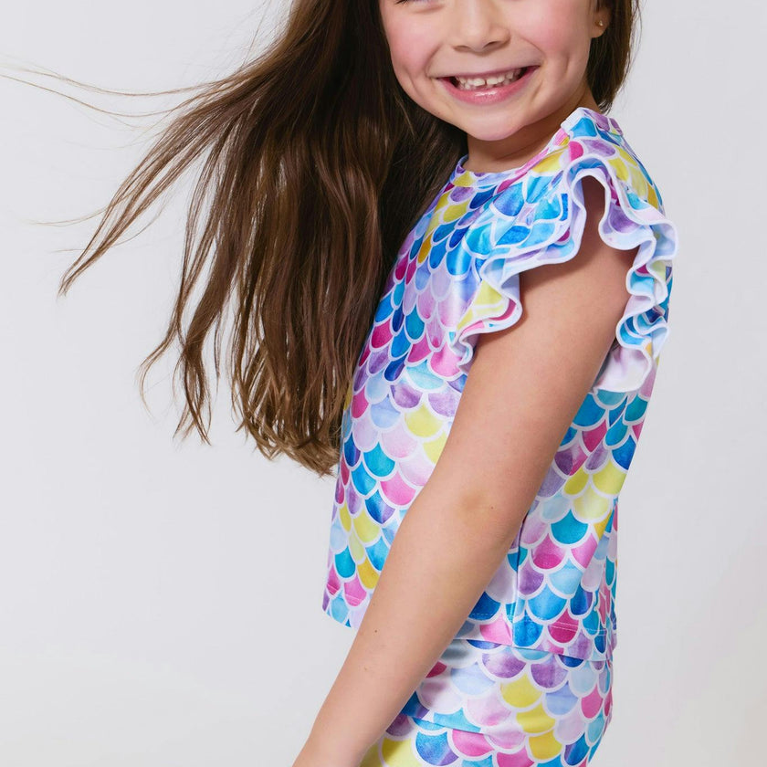 Girls Hi-Shine Booty Shorts in Watercolor Mermaid