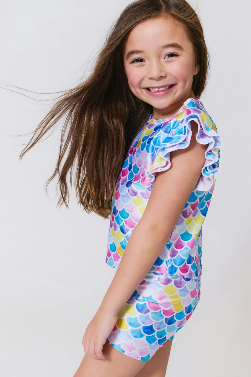Girls Hi-Shine Booty Shorts in Watercolor Mermaid