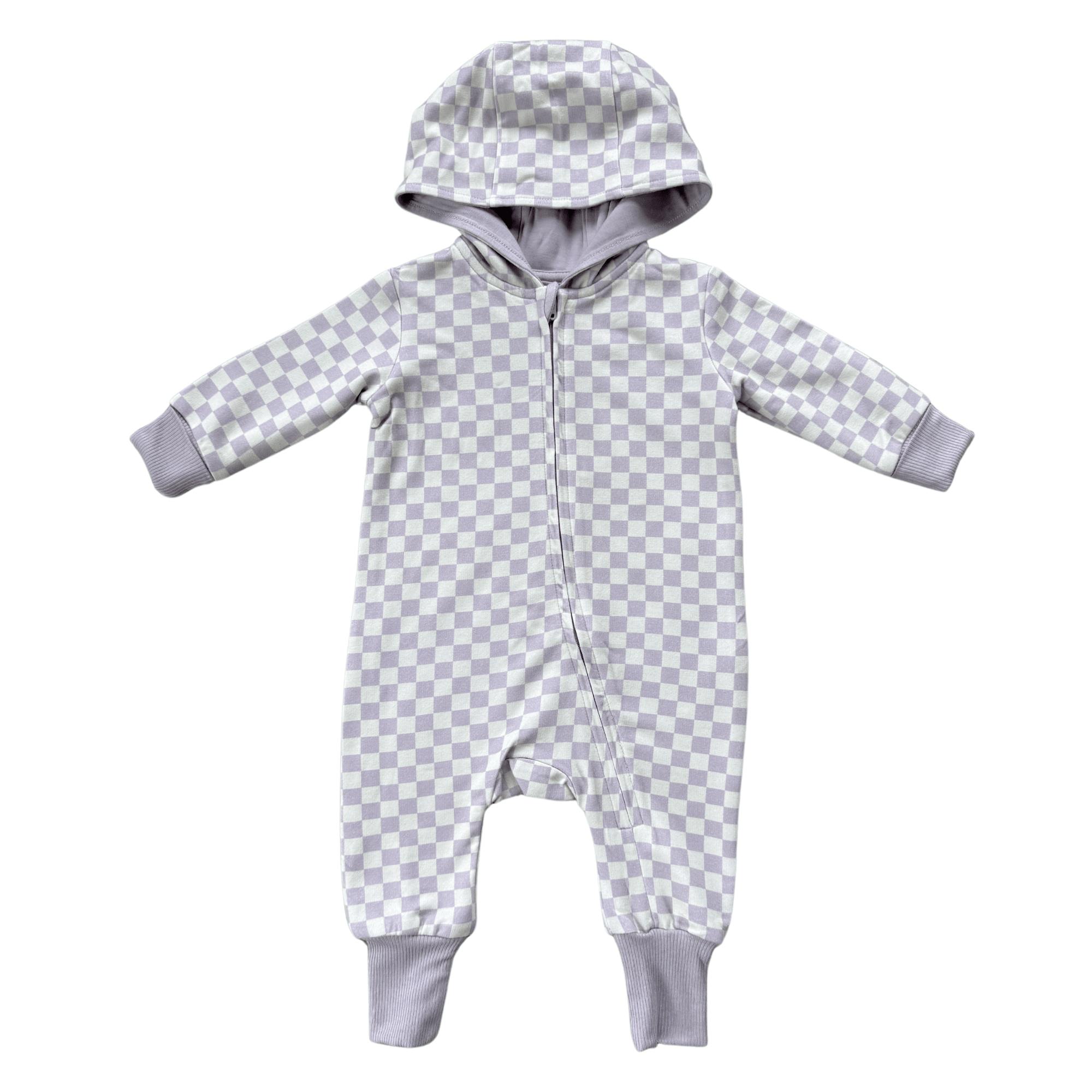 Baby Girl Terry Zip Romper in Lavender Cloud Checkered