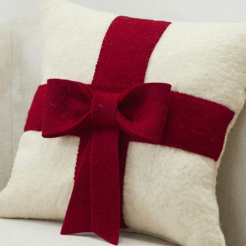 Red Bow Cream - Christmas Pillow Cover Hand Felted Wool - 20" / 14"