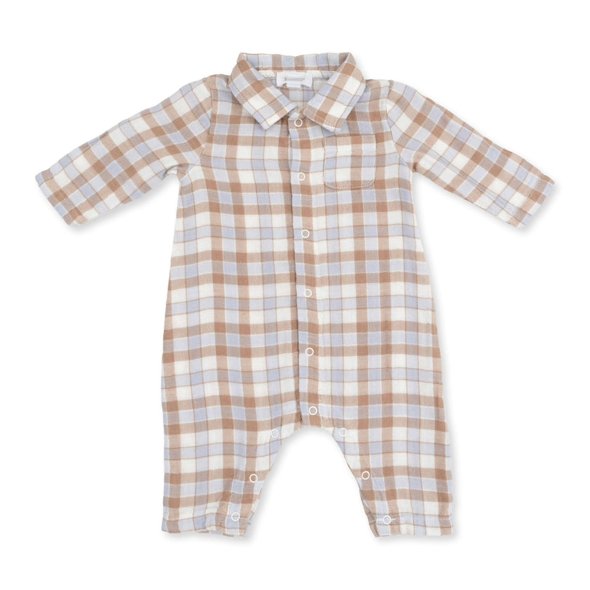 Western Plaid - Long Sleeve Polo Button Down Romper