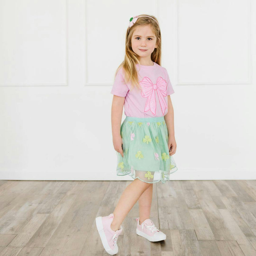 Pink Bow Sequin Patch Short Sleeve T-Shirt
