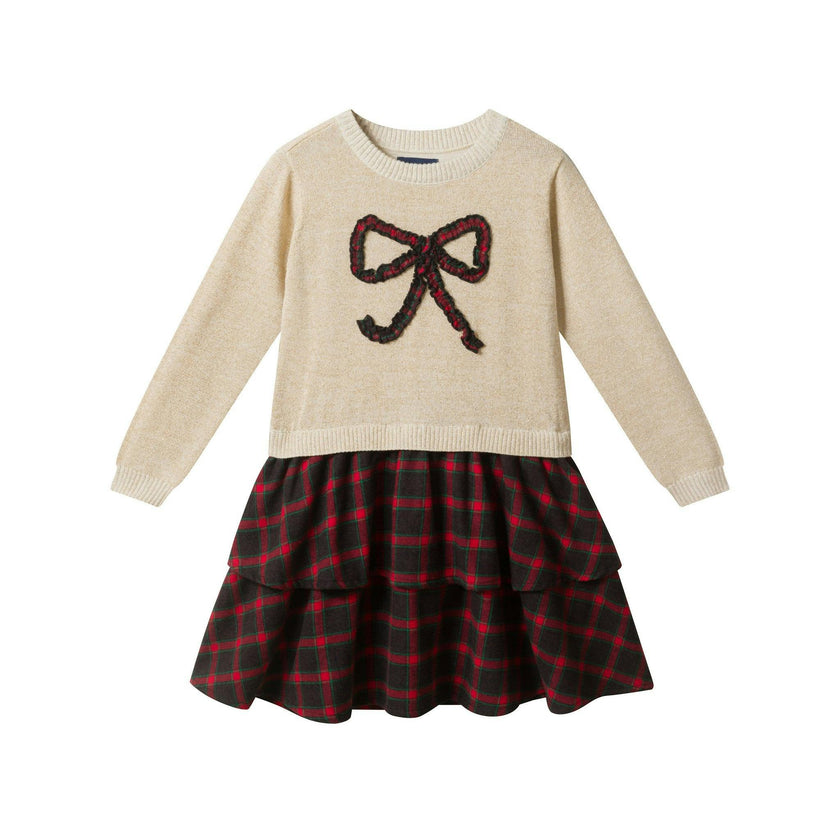Girls Holiday Sweater Dress | Plaid Bow