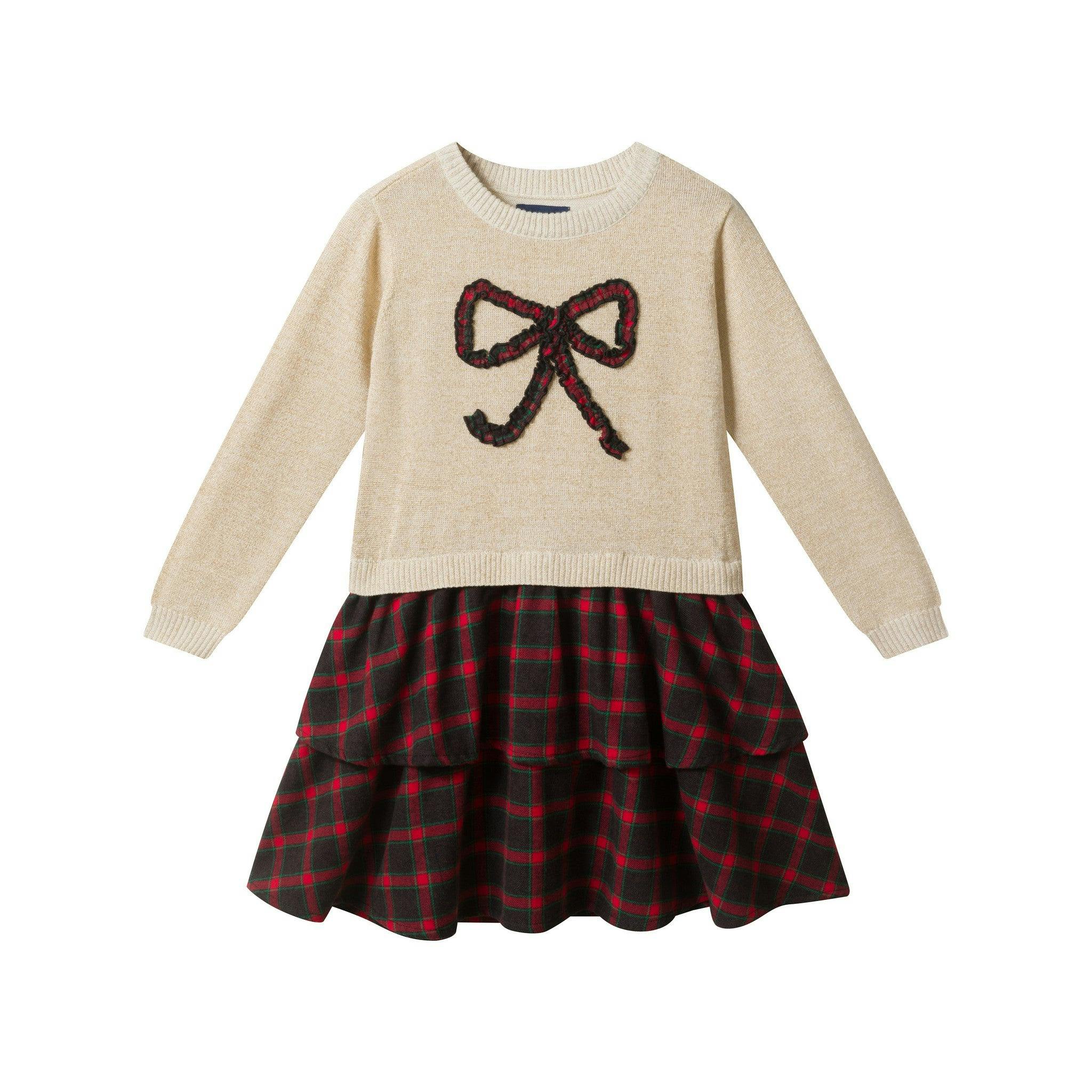 Girls Holiday Sweater Dress | Plaid Bow