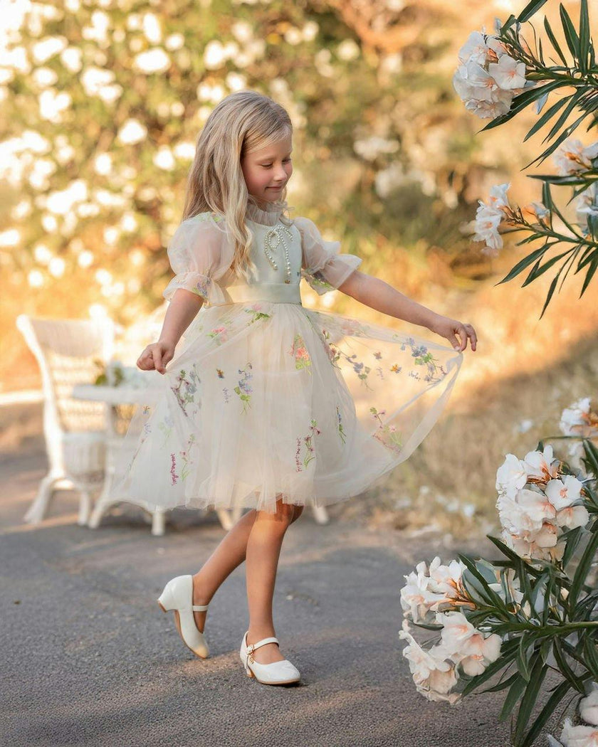 Enchanted Bloom Embroidered Ivory Flower Girl Dress for Girls