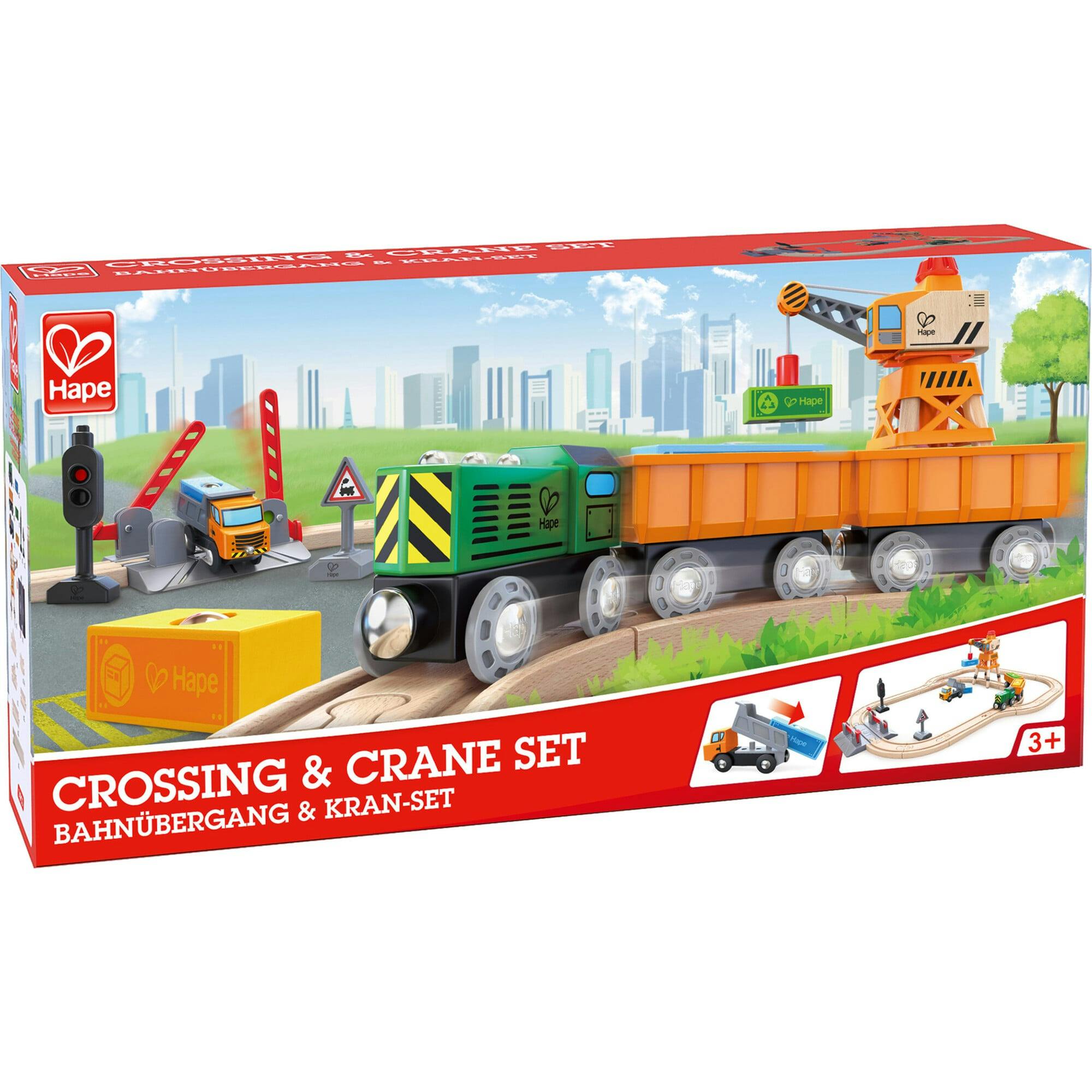 Hape: Crossing & Set - 32pc Wooden Train Cargo Railroad Yard
