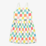 Kids boardwalk dress in rainbow checkerboard