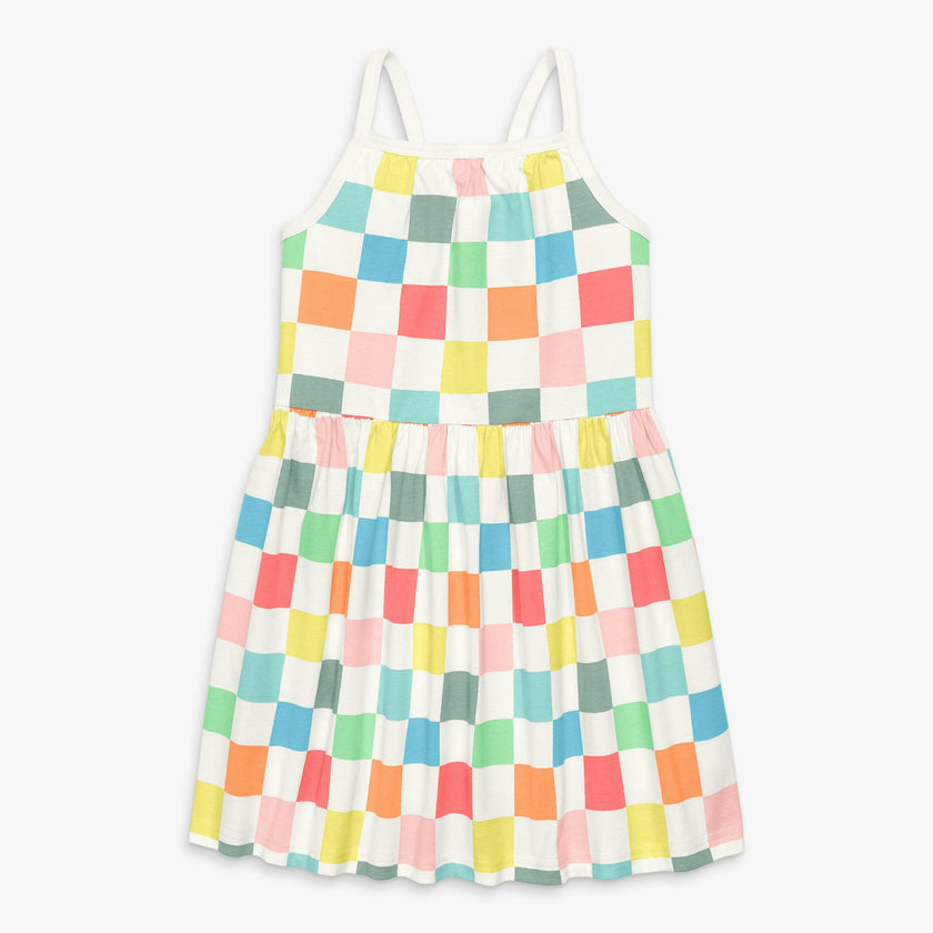 Kids boardwalk dress in rainbow checkerboard
