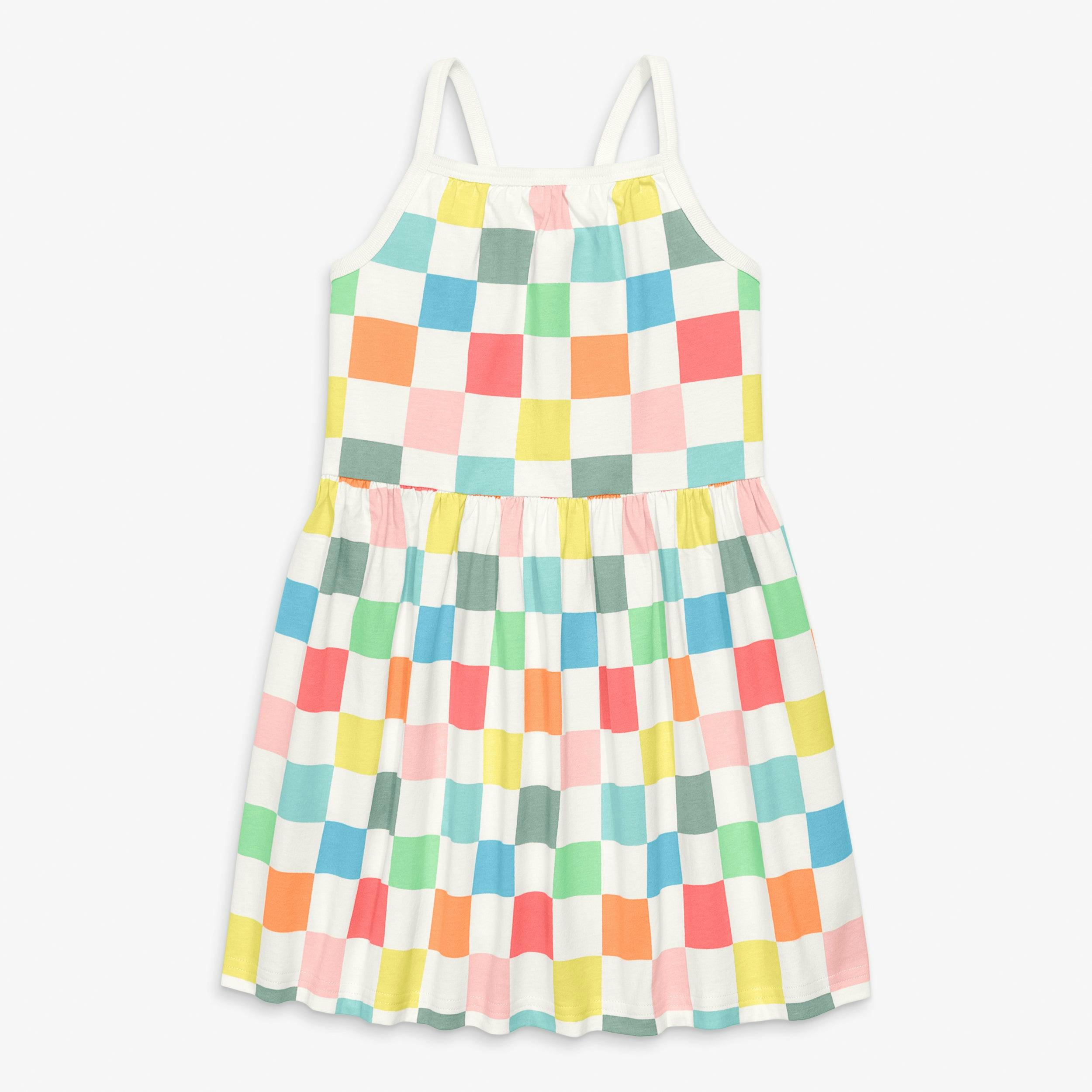 Kids boardwalk dress in rainbow checkerboard