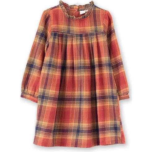 Girls' Long Sleeve Ruffle Neck Plaid Dress