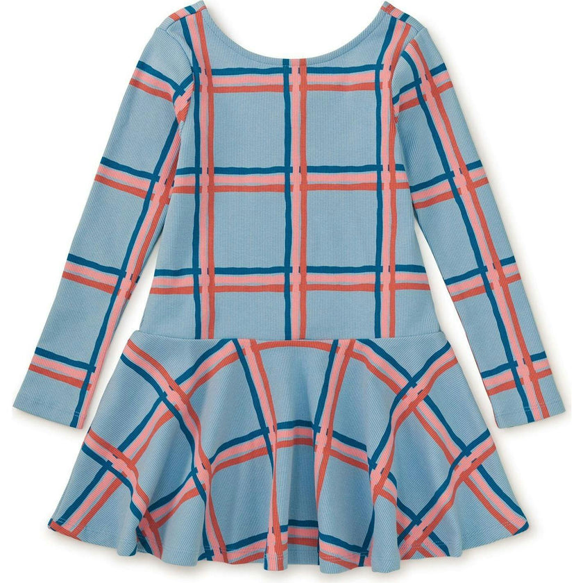 Plaid Print Ribbed Boat Neck Drop Waist Skater Dress, Multi