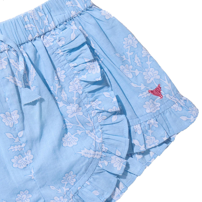 Girls Millie Ruffle Short - Blue Dewdrop Block Print