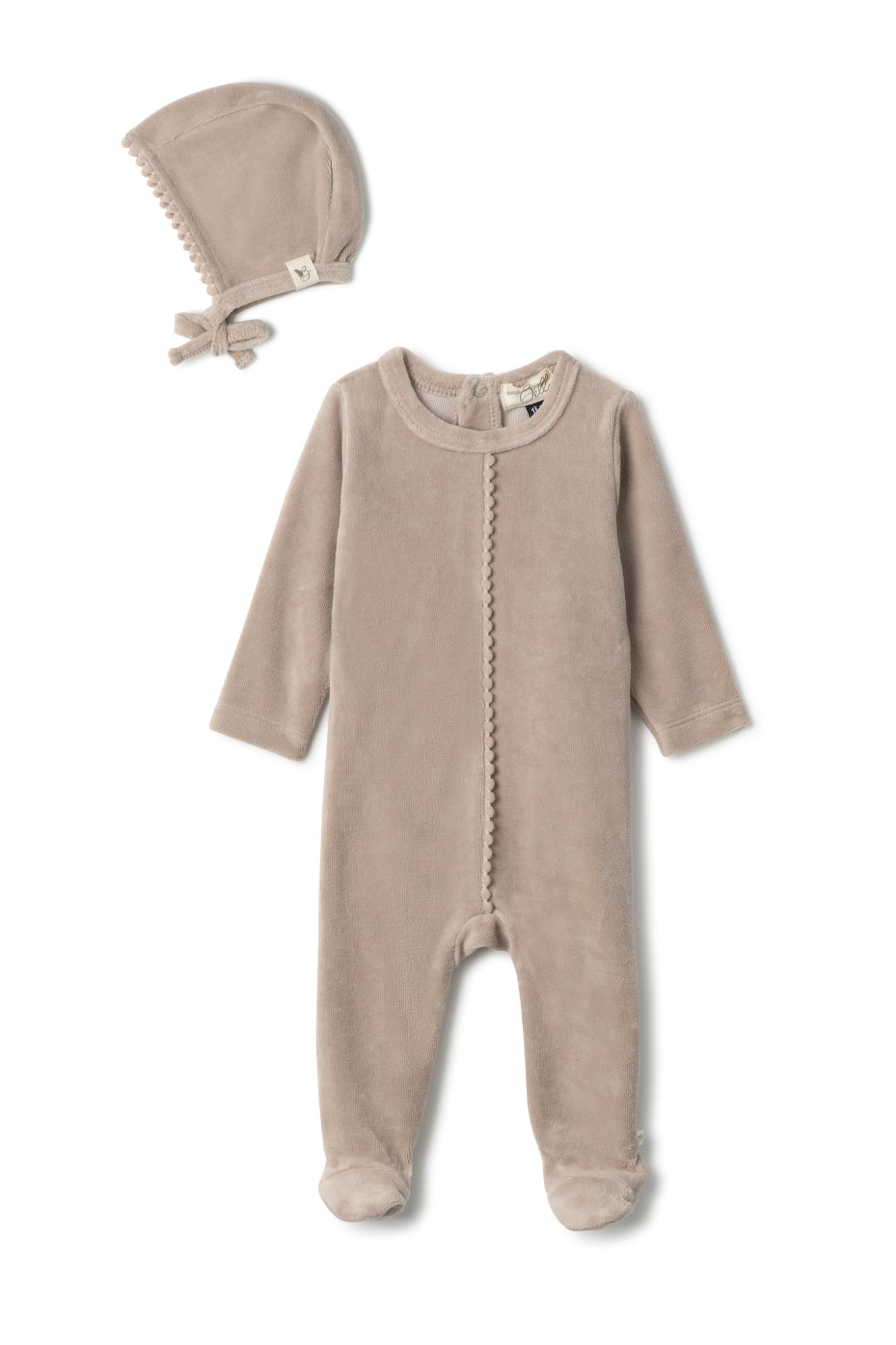 Pompom Snap Front Velour Romper and Bonnet Two Piece Set
