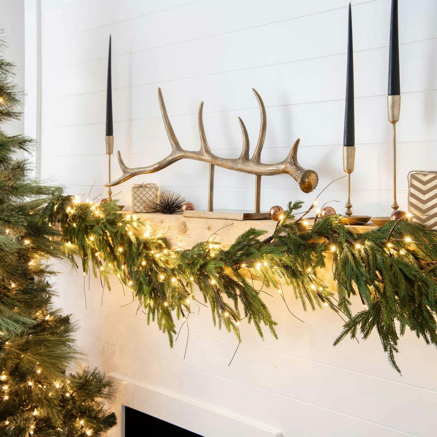 Twig Light & Real Touch Green Norfolk Pine Pre-Lit Winter Christmas Mantle Garland Table Runner