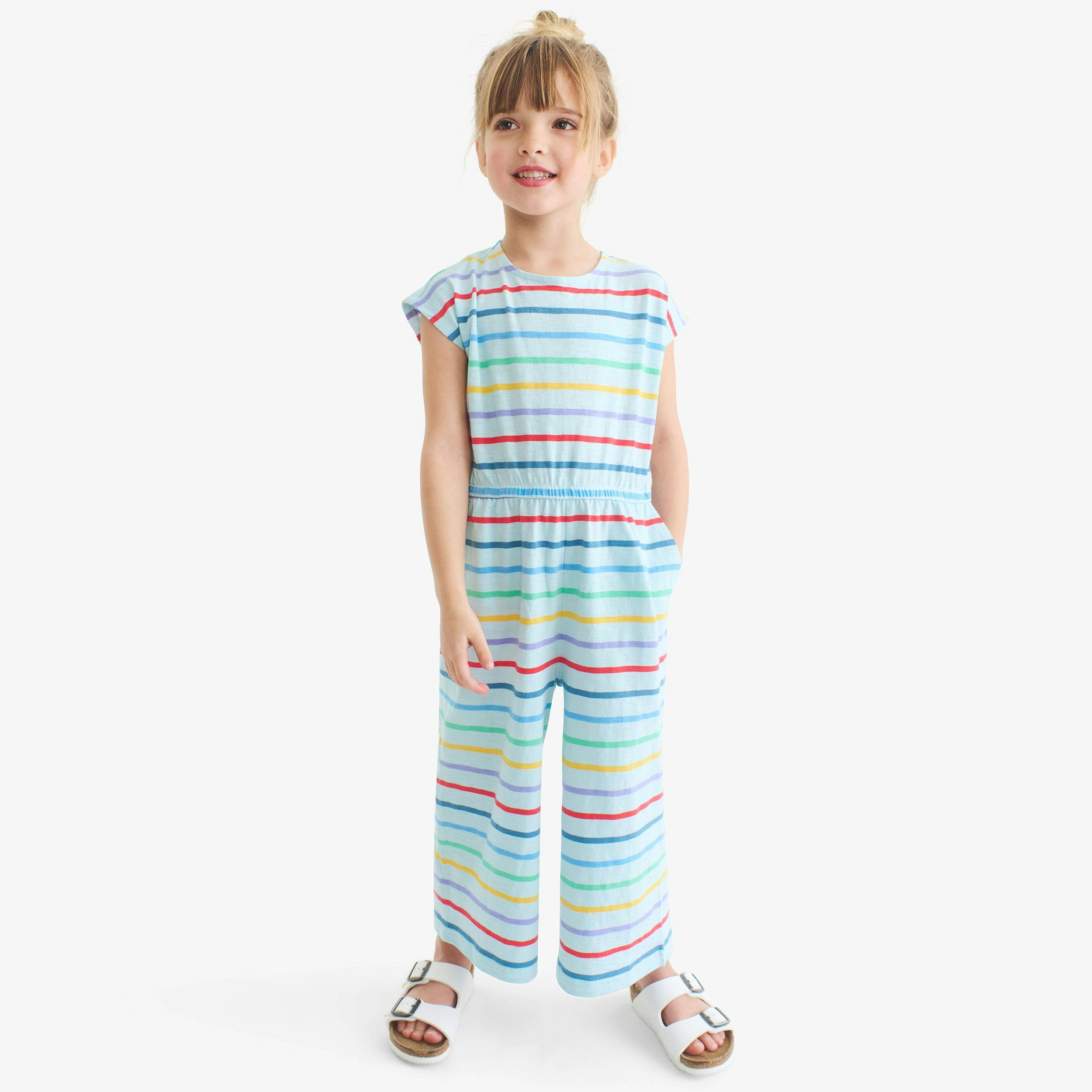 Kids backyard romper in rainbow stripe