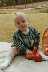 Harley Pocket Romper in Thin Deep Blue Stripe