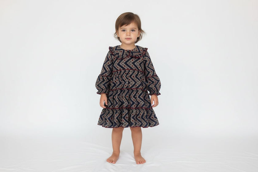 Noel Printed Peter Pan Collar Tiered Dress - Midnight