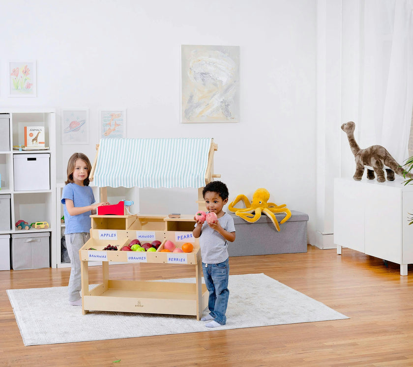 Cypress Wooden Market Stand – Pretend Play Shop for Kids with Storage