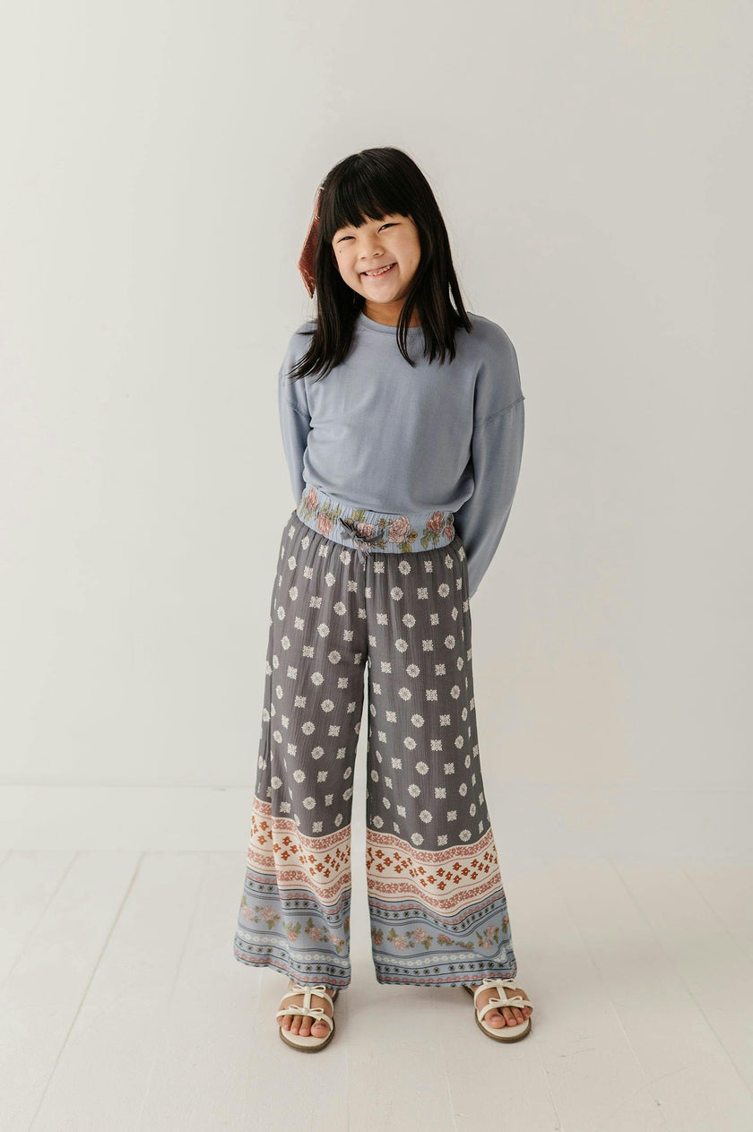 Girls Boho Wide Leg Flowy Pants in Border Print