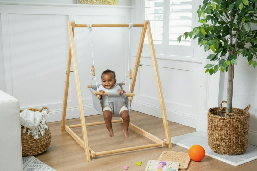 Spruce Gray | Indoor Toddler Swing with Stand, Foldable Wooden Swing
