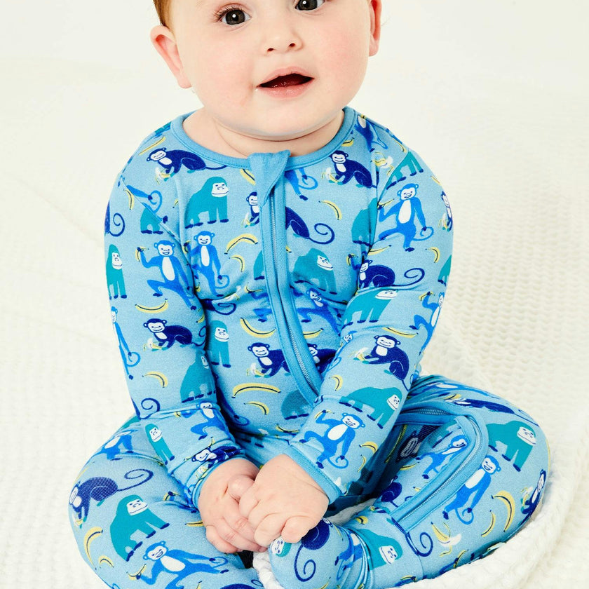 Soft & Stretchy Zipper Footie - Monkeying Around Blue