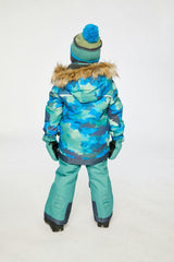 Two Piece Play Snowsuit Blue Camouflage Print With Green Pants