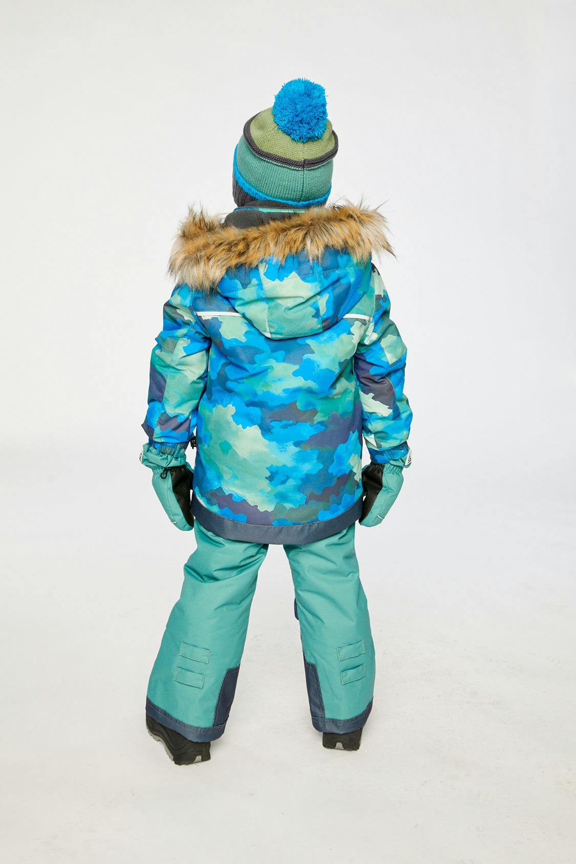 Two Piece Play Snowsuit Blue Camouflage Print With Green Pants