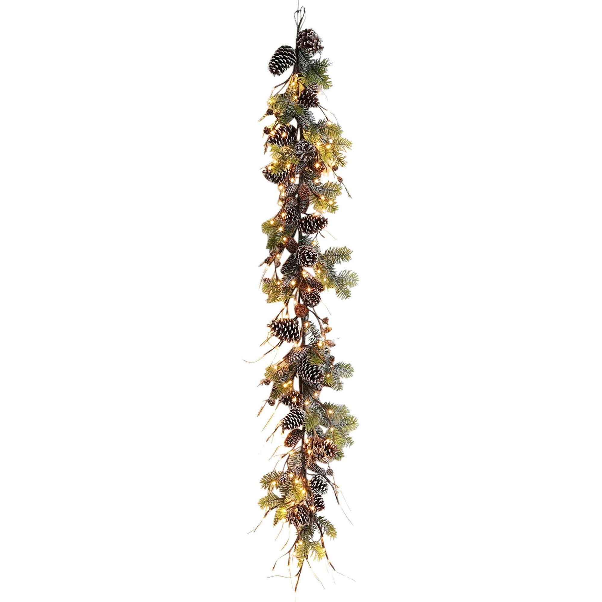 Snowy Norway Spruce & Pinecone Winter Christmas Garland Table Runner with Unlit or Pre-Lit Option