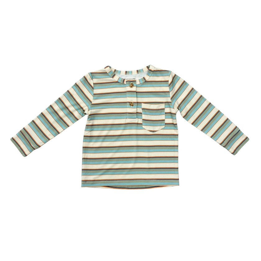 Boys Long Sleeve Henley Shirt in Blue Haze Multi Stripe